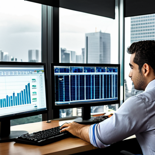 Home 6 A financial analyst in a modern São Paulo office, reviewing data on a computer screen, with skyscrapers visible through the window. Focus on the atmosphere of a bustling financial center.