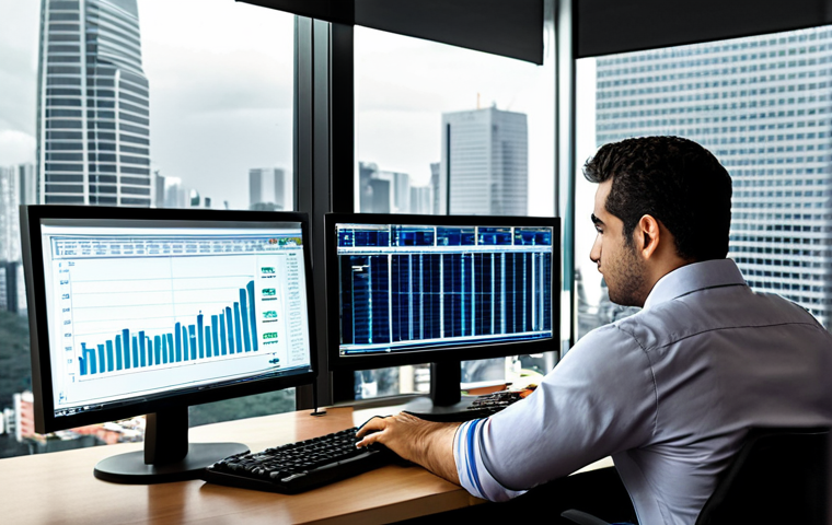 A financial analyst in a modern São Paulo office, reviewing data on a computer screen, with skyscrapers visible through the window. Focus on the atmosphere of a bustling financial center.