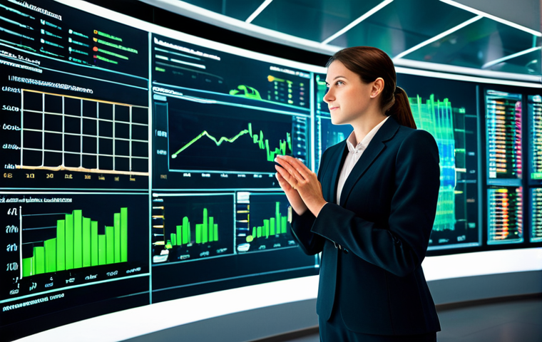 A professional financial analyst, fully clothed in a modest business suit, stands in a sophisticated, modern data analysis center. She is surrounded by large holographic displays showing a blend of traditional financial charts, abstract representations of unstructured data feeds, and subtle green energy motifs symbolizing ESG factors. Her hands are precisely interacting with the data, indicating a deep level of engagement. The setting emphasizes innovation and the integration of diverse information sources. The image should convey a sense of insightful analysis and forward-thinking. Perfect anatomy, correct proportions, natural pose, well-formed hands, proper finger count, natural body proportions, professional photography, high quality, safe for work, appropriate content, family-friendly.