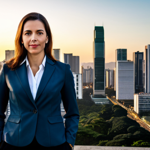 Home 11 ** "A professional businesswoman in a modest business suit, standing in front of the São Paulo skyline at sunset, fully clothed, appropriate attire, safe for work, perfect anatomy, natural proportions, professional photography, high quality"
**