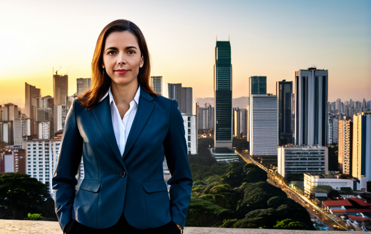 ** "A professional businesswoman in a modest business suit, standing in front of the São Paulo skyline at sunset, fully clothed, appropriate attire, safe for work, perfect anatomy, natural proportions, professional photography, high quality"
**
