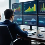 기업가치평가사 기업 평가 절차 - A sophisticated corporate office environment with diverse financial analysts examining large digital...