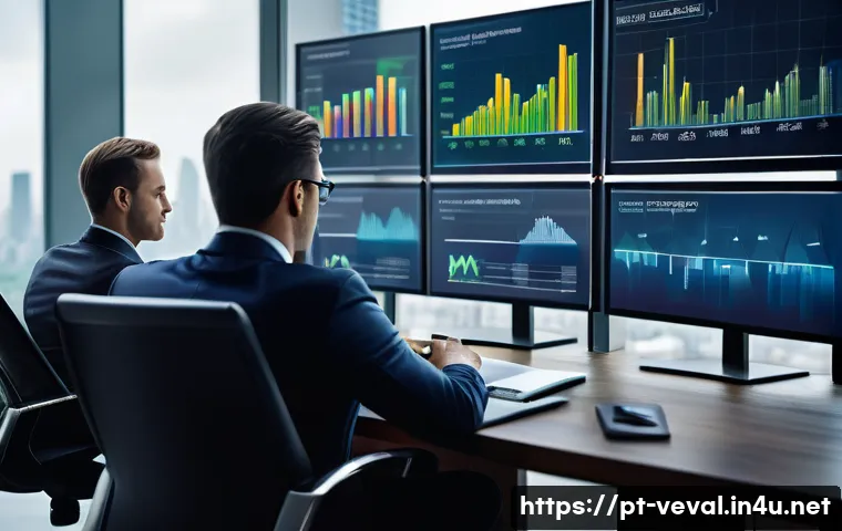 기업가치평가사 기업 평가 절차 - A sophisticated corporate office environment with diverse financial analysts examining large digital...