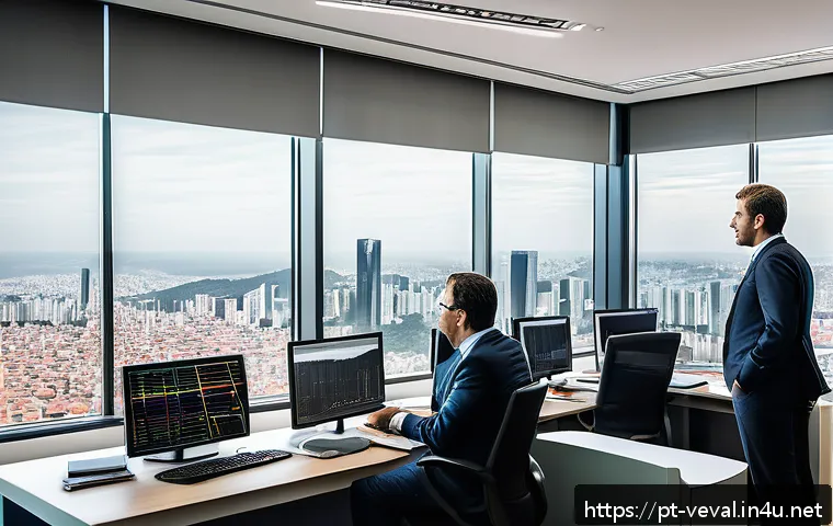 기업가치평가사 고급 가치 평가 기법 - A modern corporate office scene in S&atilde;o Paulo, Brazil, with diverse business professionals analyzing ...
