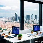 기업가치평가사 경영 전략 기법 - A modern Brazilian business office scene showing a diverse team of professionals analyzing financial...