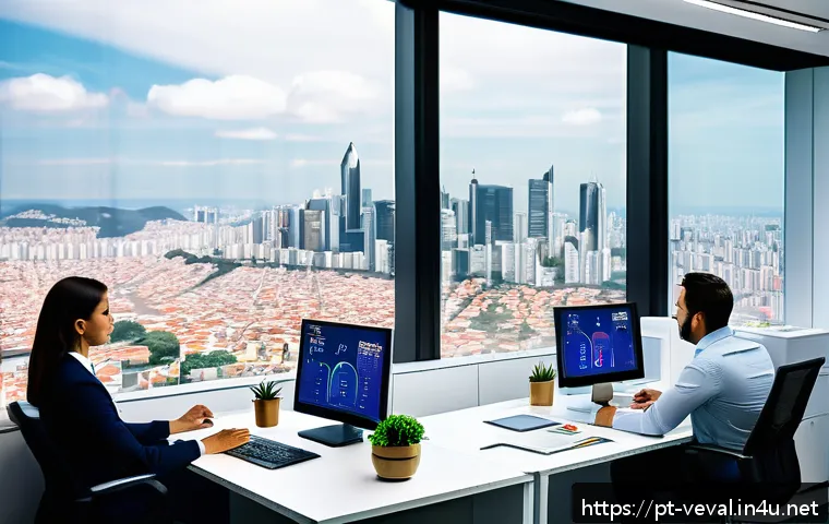 기업가치평가사 경영 전략 기법 - A modern Brazilian business office scene showing a diverse team of professionals analyzing financial...